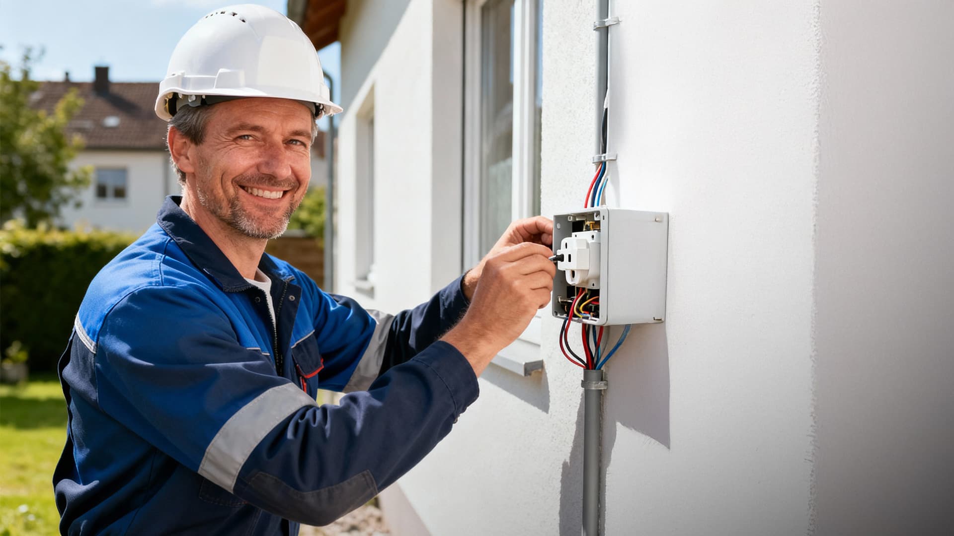 Elektriker installiert Leitungen und Schalter in einem Neubau